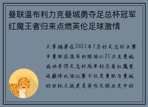 曼联温布利力克曼城勇夺足总杯冠军红魔王者归来点燃英伦足球激情