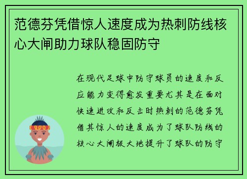 范德芬凭借惊人速度成为热刺防线核心大闸助力球队稳固防守